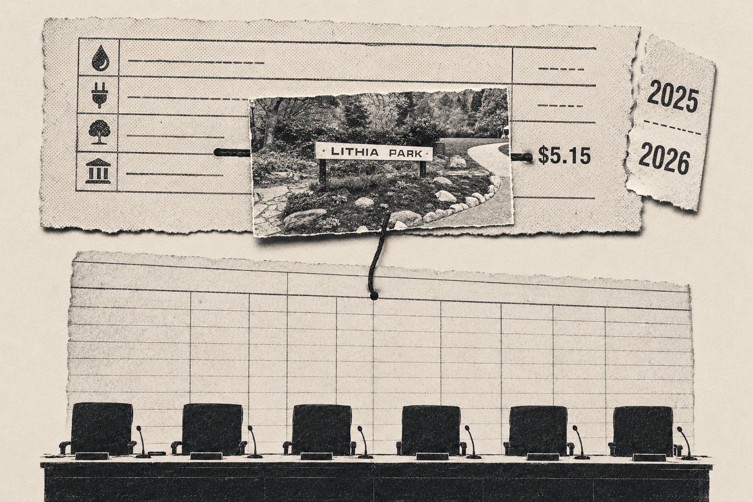 Collage: a utility bill with a Lithia Park photo pinned to a $5.15 line item, torn 2025/2026 date stubs, and a thread running down to an empty council dais over blank ledger paper.