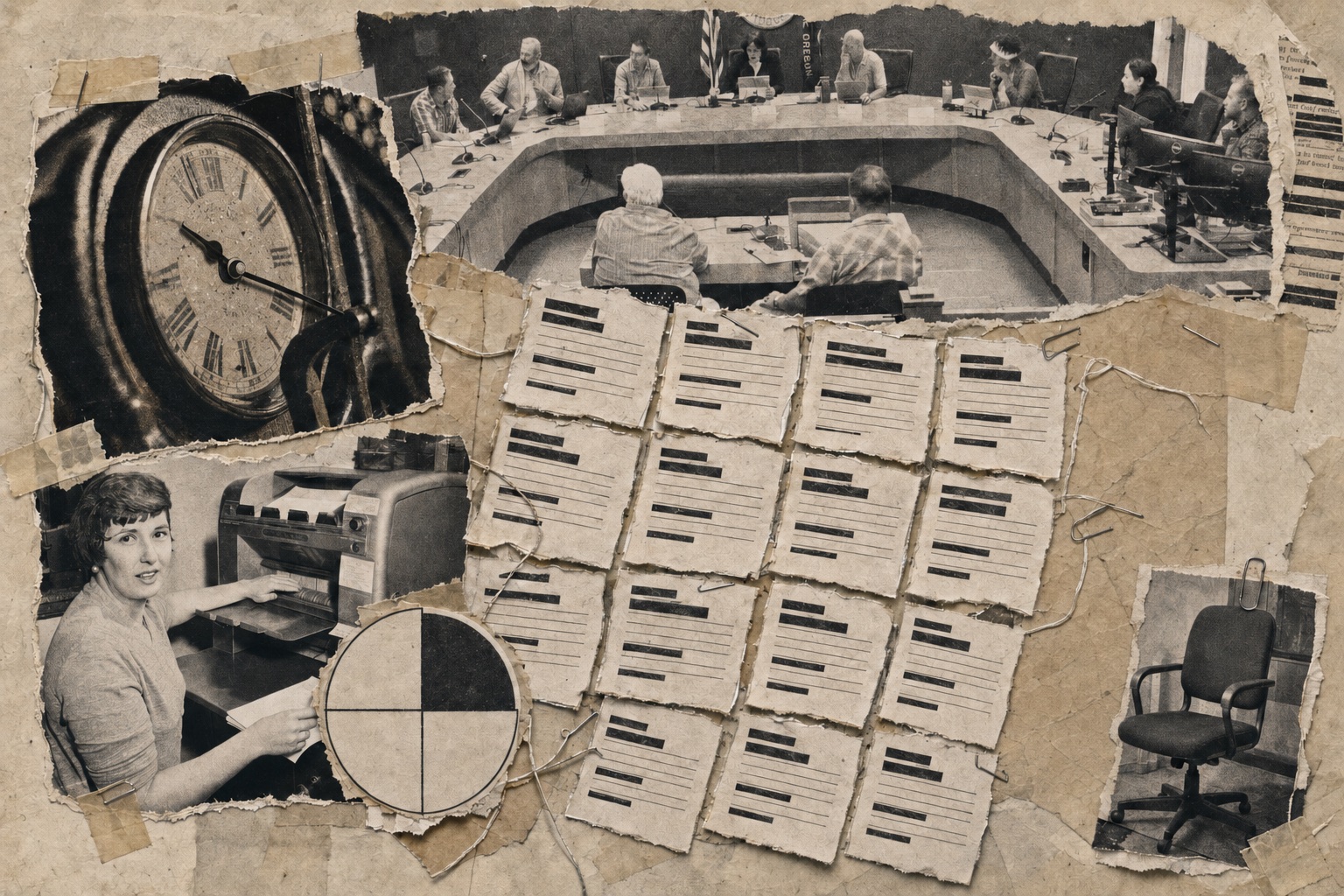 Collage on aged paper: a council chamber seen from the gallery, a clock past the hour, sixteen torn amendment pages pinned in a grid, a quarter-shaded circle, a woman at a mimeograph, and an empty office chair clipped to the corner.