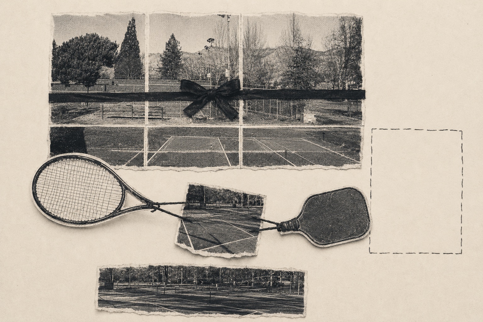 Collage: the Hunter Park tennis courts wrapped in a black mourning ribbon, a tennis racket and pickleball paddle tied handle to handle, and an empty dashed outline where a court should be.