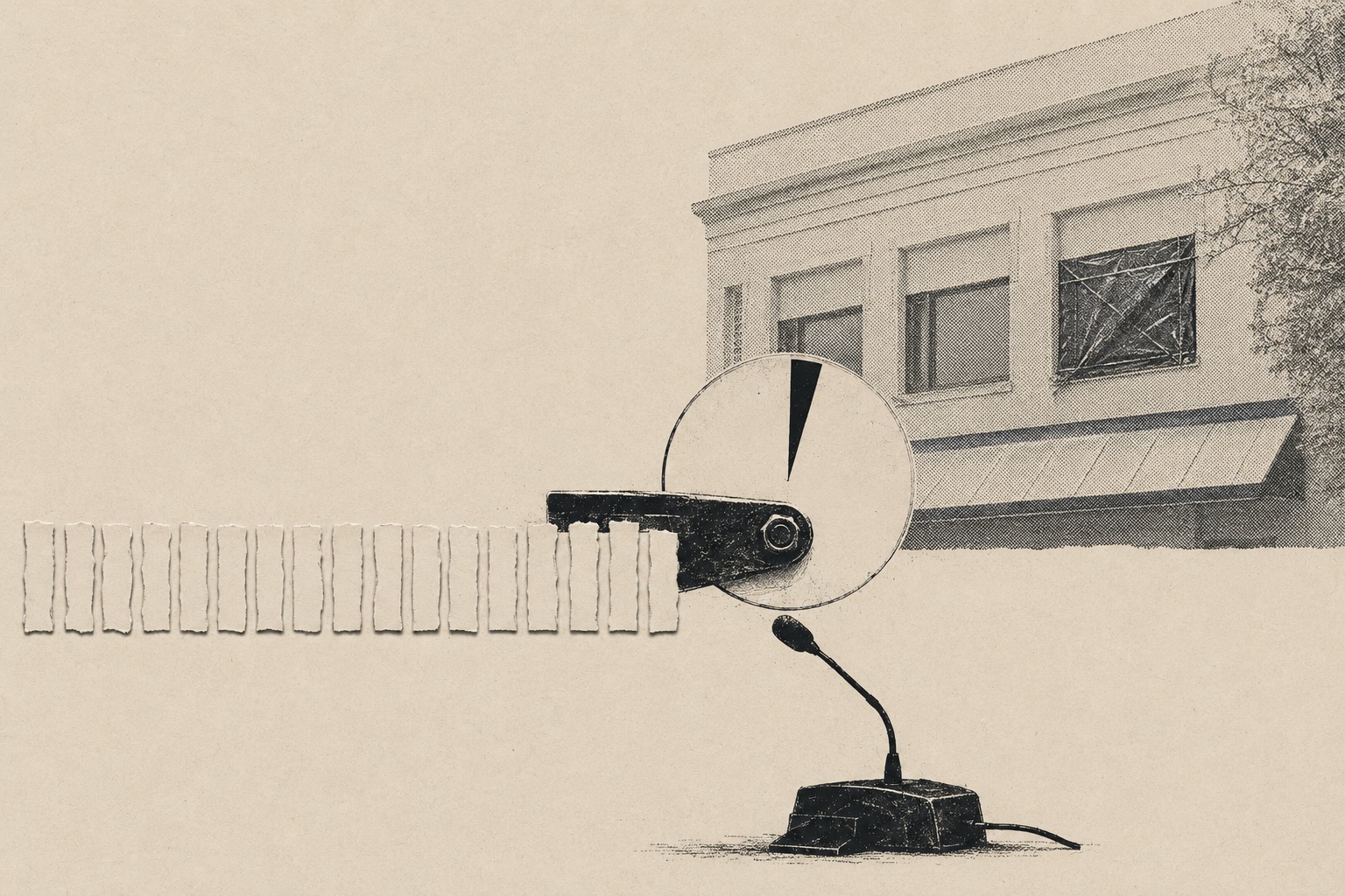 Collage: a one-minute timer disc bolted over a public-comment microphone in front of a building with one window sealed in plastic, a row of torn paper tally slips feeding into the timer.