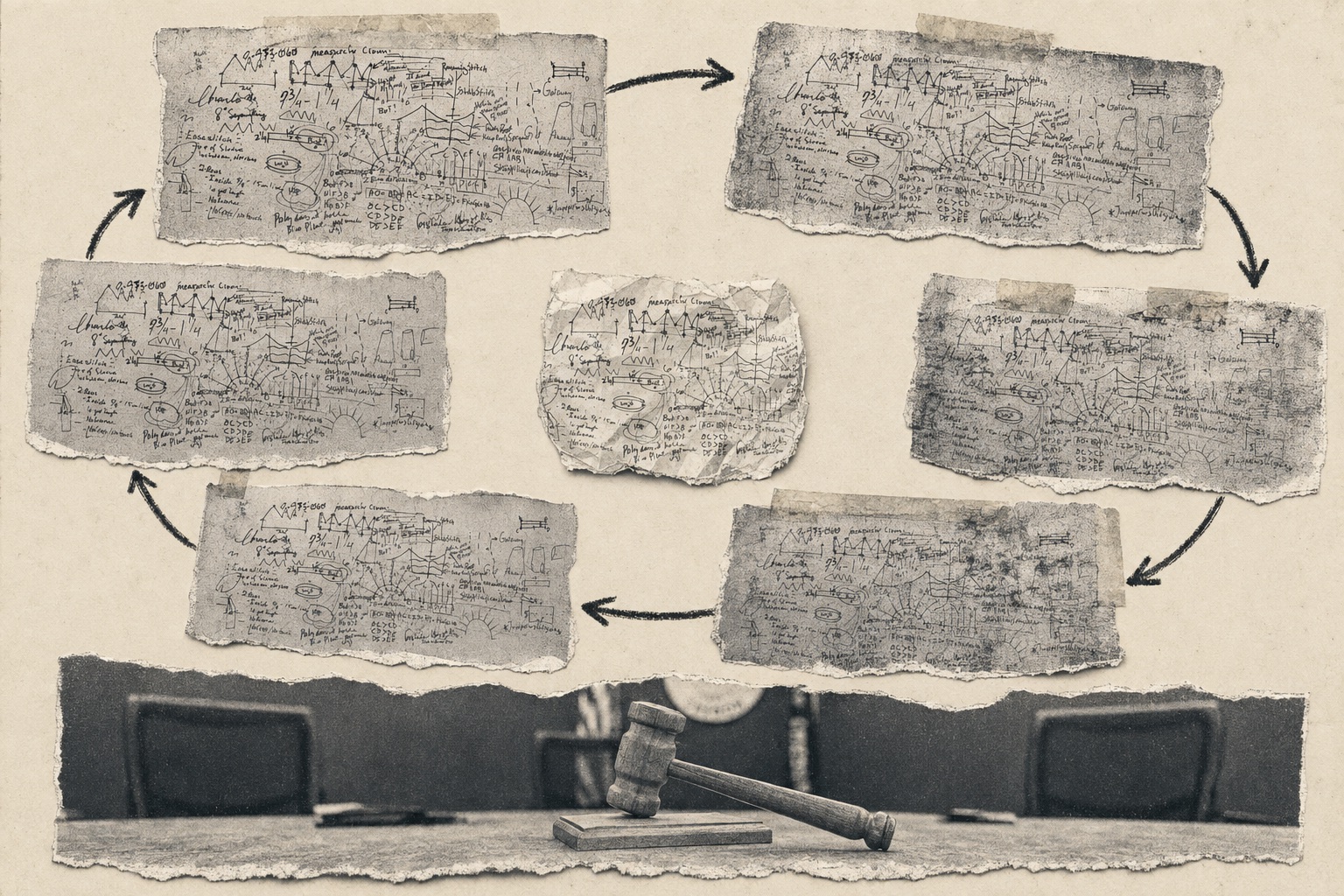 Collage on aged paper: torn copies of the same scribbled diagram-covered page arranged in a circle of crayon arrows around a crumpled original, above a council dais with a wooden gavel.
