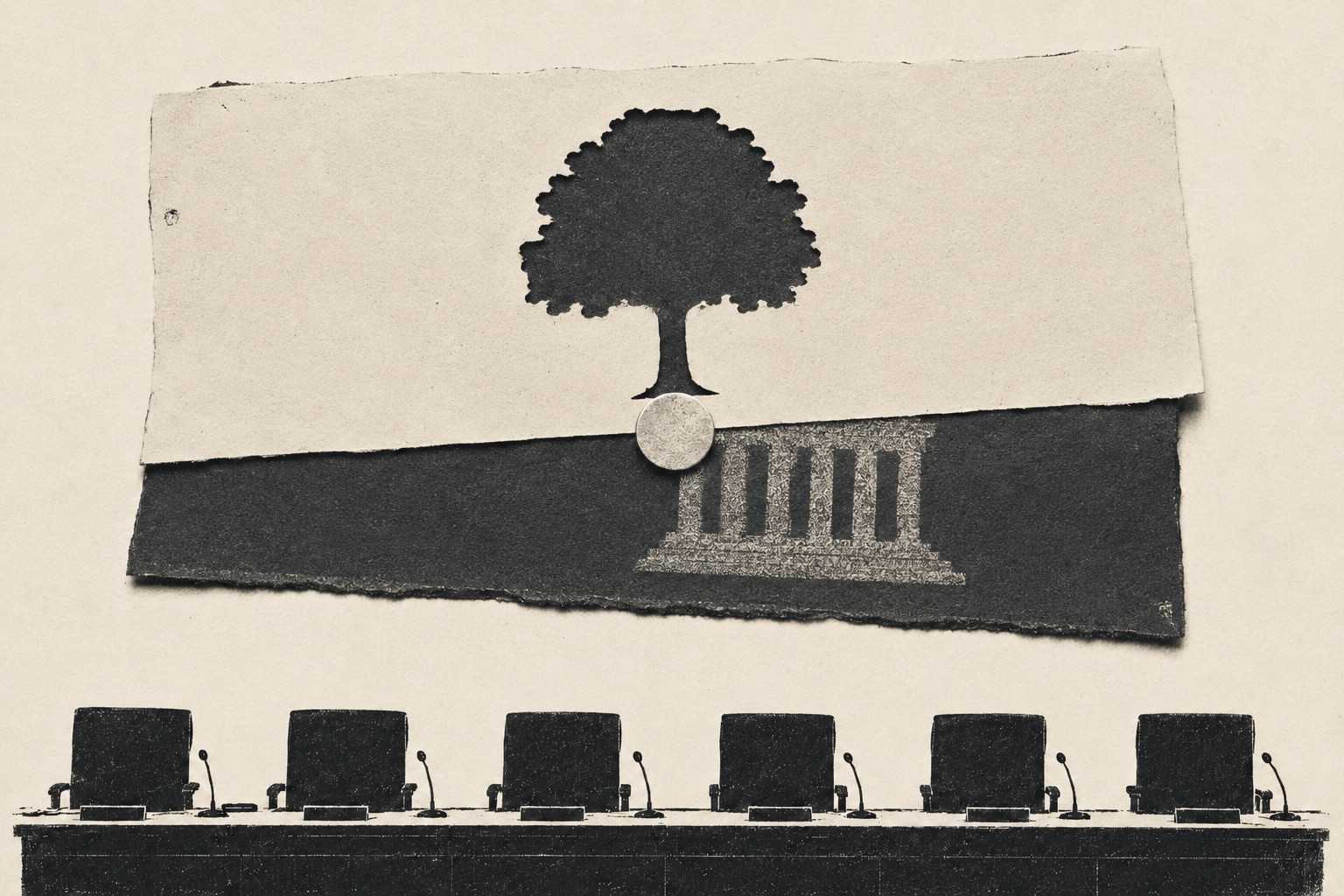 Collage: a paper seesaw balanced on a coin, a tree cut out of the light half sinking a bank building printed on the dark half, above an empty council dais.
